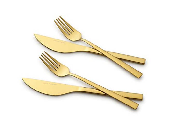 ECHTWERK Set de couverts à pizza\, couverts à viande\, couverts de table 4 pièces pour max. 2 personnes\, Avec 2 couteaux à pizza en acier inoxydable et 2 fourchettes à pizza\, Gold Edition