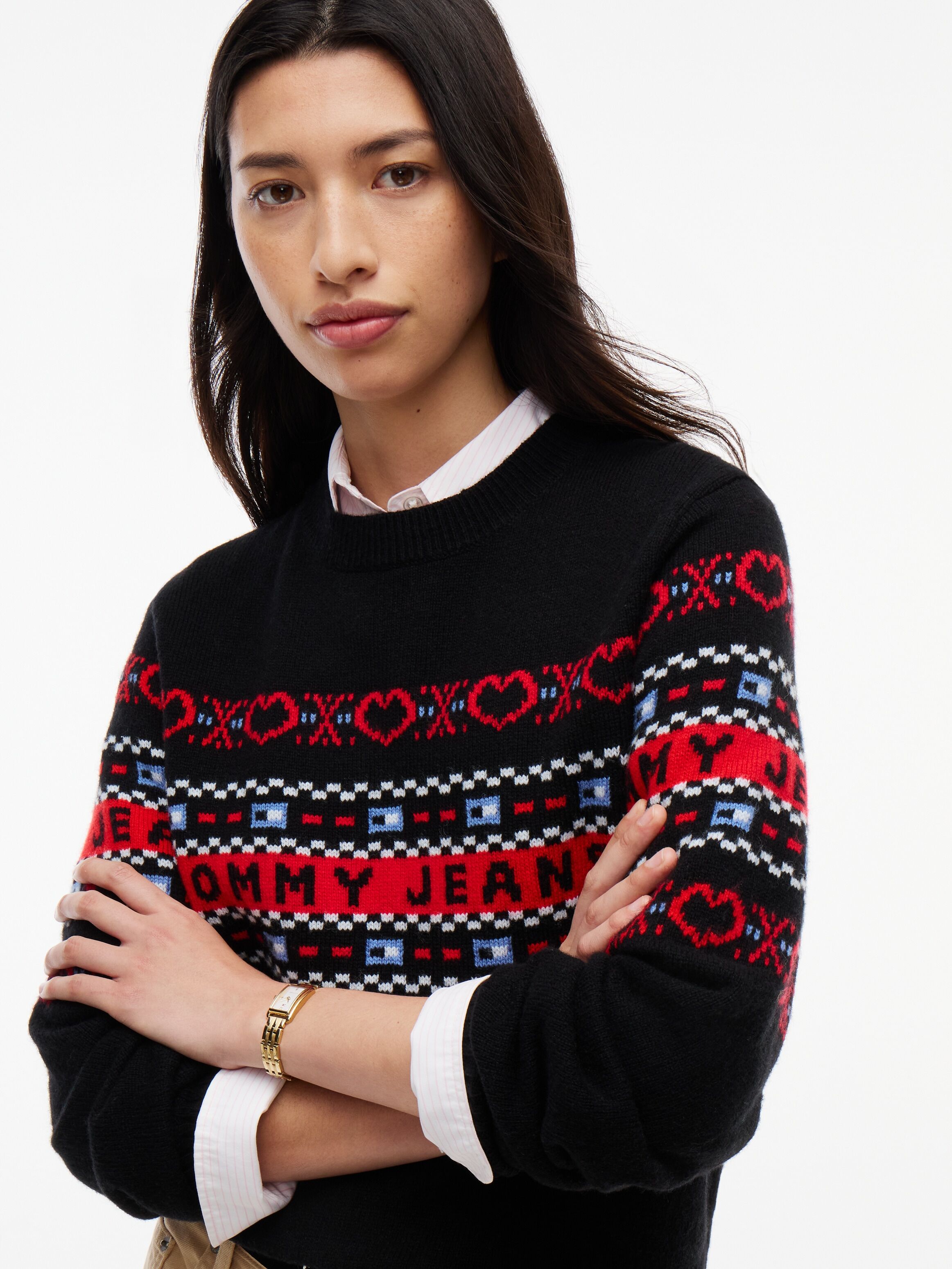 Wollpullover TOMMY JEANS "TJW SWEATER", Damen, Gr. XS (34), schwarz, Strick, Obermaterial: 100% Wolle, gemustert, normal, Rundhals, Bündchen, Pullover Wollpullover, Wolle