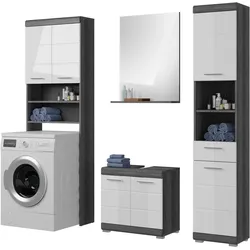 BADMÖBEL-SET weiß Hochglanz, grau 4-teilig 190 cm, Komplettset mit 14 Fächern