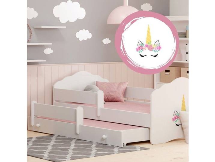 Lit gigogne double pour enfants FALA II 160x80 avec 2 matelas et 2 sommiers – avec motif licorne
