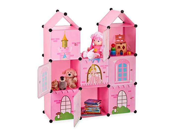 Relaxdays Etagère emboîtable Chambre d'enfants\,Château de Princesse\, Plastique\, Armoire DIY avec Portes\, HlP128x110x37cm