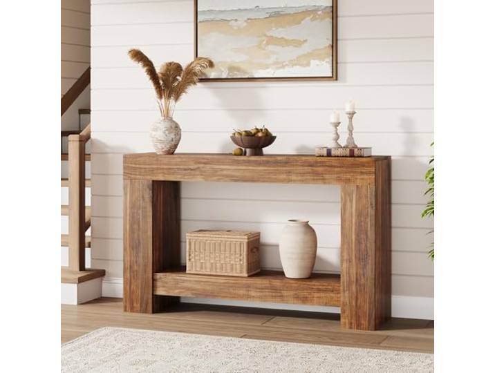 Niwugady Landhausstil Konsolentisch Aus Holz, 2 Ebenen Schmaler Flurtisch Mit Ablage, Offen Vielseitig Konsolentisch Für Wohnzimmer, Flur & Eingangsbereich, 120cm Länge, Braun