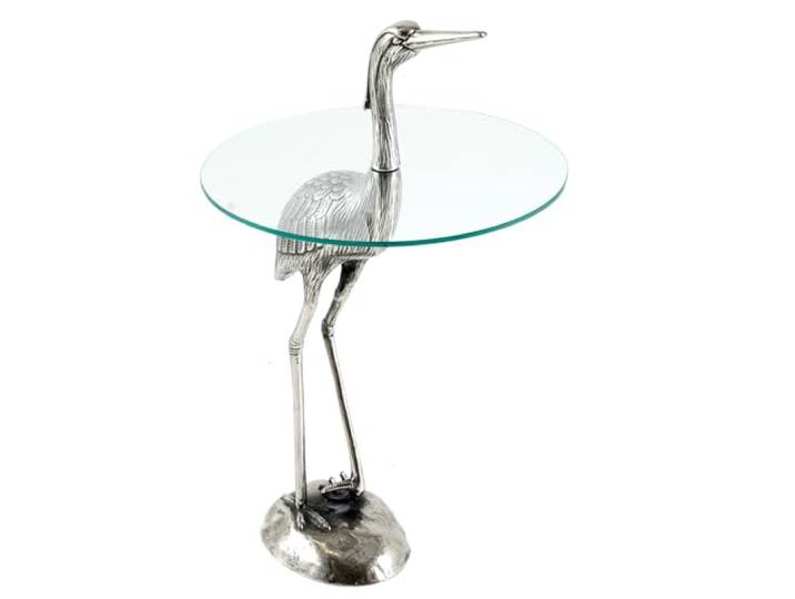 Beistelltisch WILDLIFE HERON 51cm - silber transparent - Sicherheitsglas Handgefertigt, detailgetreue Fischreiher-Figur, 30 kg Belastbarkeit, angenehme Haptik, Aluminiumgestell