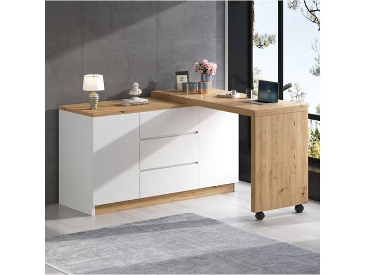 bureau d angle pliable rotatif avec rangements 2 portes 3 tiroirs blanc et chene sur roulettes avec frein ORVRYN
