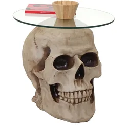 Beistelltisch Totenkopf MCW-A19, Glastisch Wohnzimmertisch Couchtisch Totenschädel, Polyresin rund Ø55cm natur