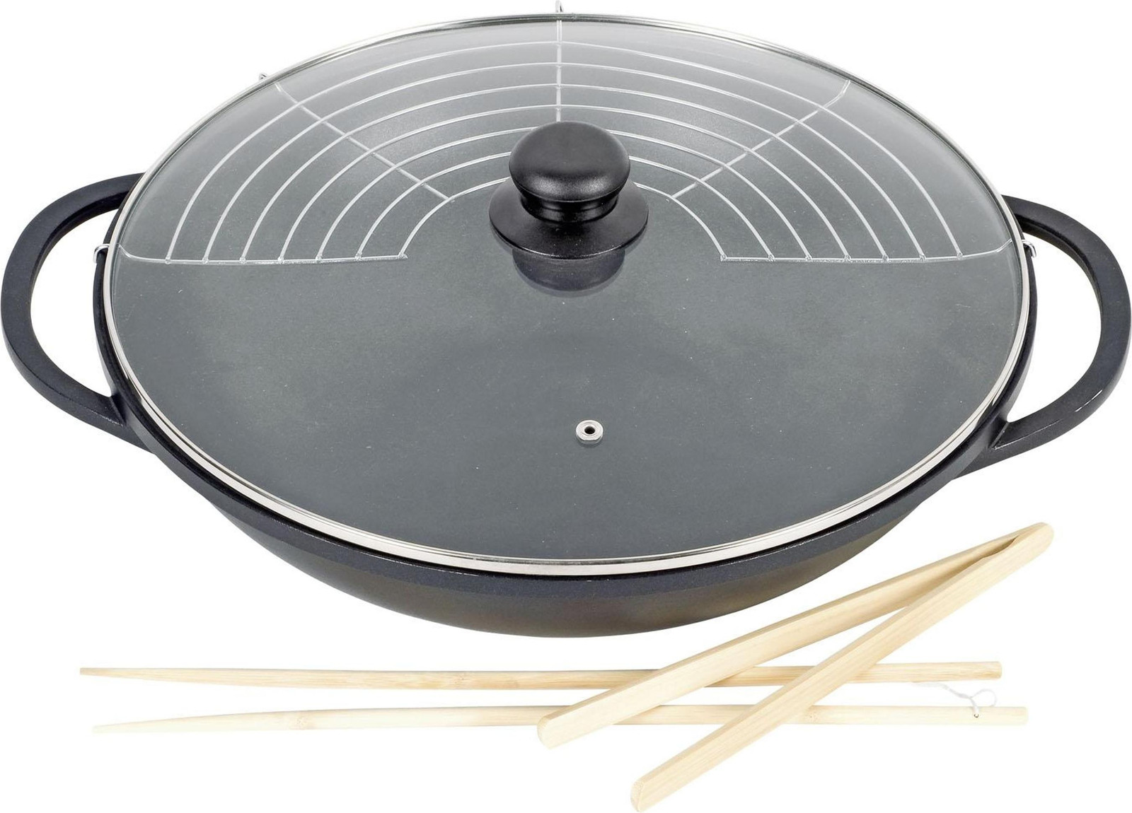Karl Krueger Wok Leipzig Gietaluminium met glazen deksel en accessoires, Diameter: 36 cm