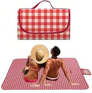 Uplifted Trends Portable Waterproof Picnic Blanket Foldable Beach Mat With Handle Red Checkered red