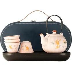 Travel Teapot Set & Four Cups - Pink Vintage Pumpkin Style