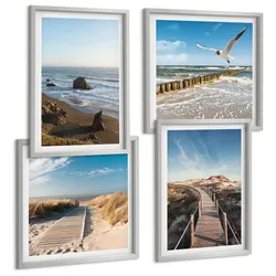 BILDER SET 4er Set - 50x50 cm & 40x60 cm Silberner Rahmen - Strandwellen, Himmelsbrücke, Spaziergang