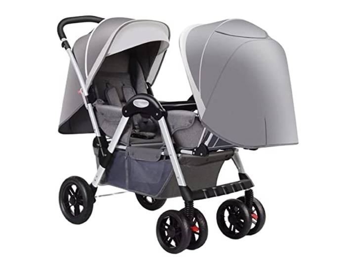 Tandem-Doppelkinderwagen for Zwillinge – gemütlicher kompakter Zwillingskinderwagen, Doppelkinderwagen mit Tandemsitzen, übergroßem Baldachin, Tandem-Regenschirm-Kinderwagen for Mädchen und Jungen ( C