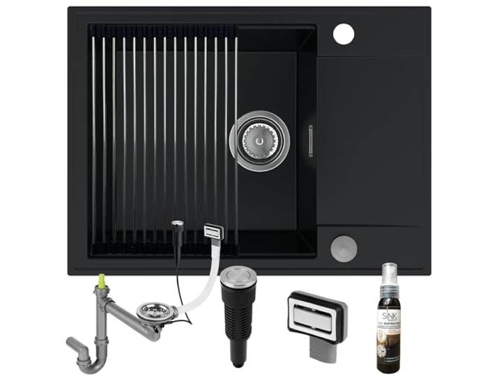 SINK QUALITY Granitspüle schwarz 62x46 - Spülbecken mit Siphon PUSH, Abtropfgestell, Imprägniermittel - Küchenspüle schwarz mit Abtropffläche für 55er Unterschrank