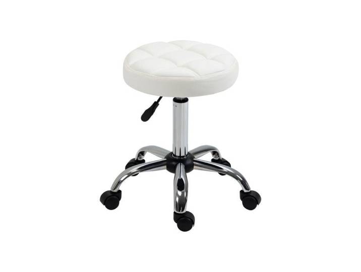 Tabouret à roulettes - Tabouret de travail pivotant - Similicuir blanc - Réglable - Siège 360° & 5 roulettes