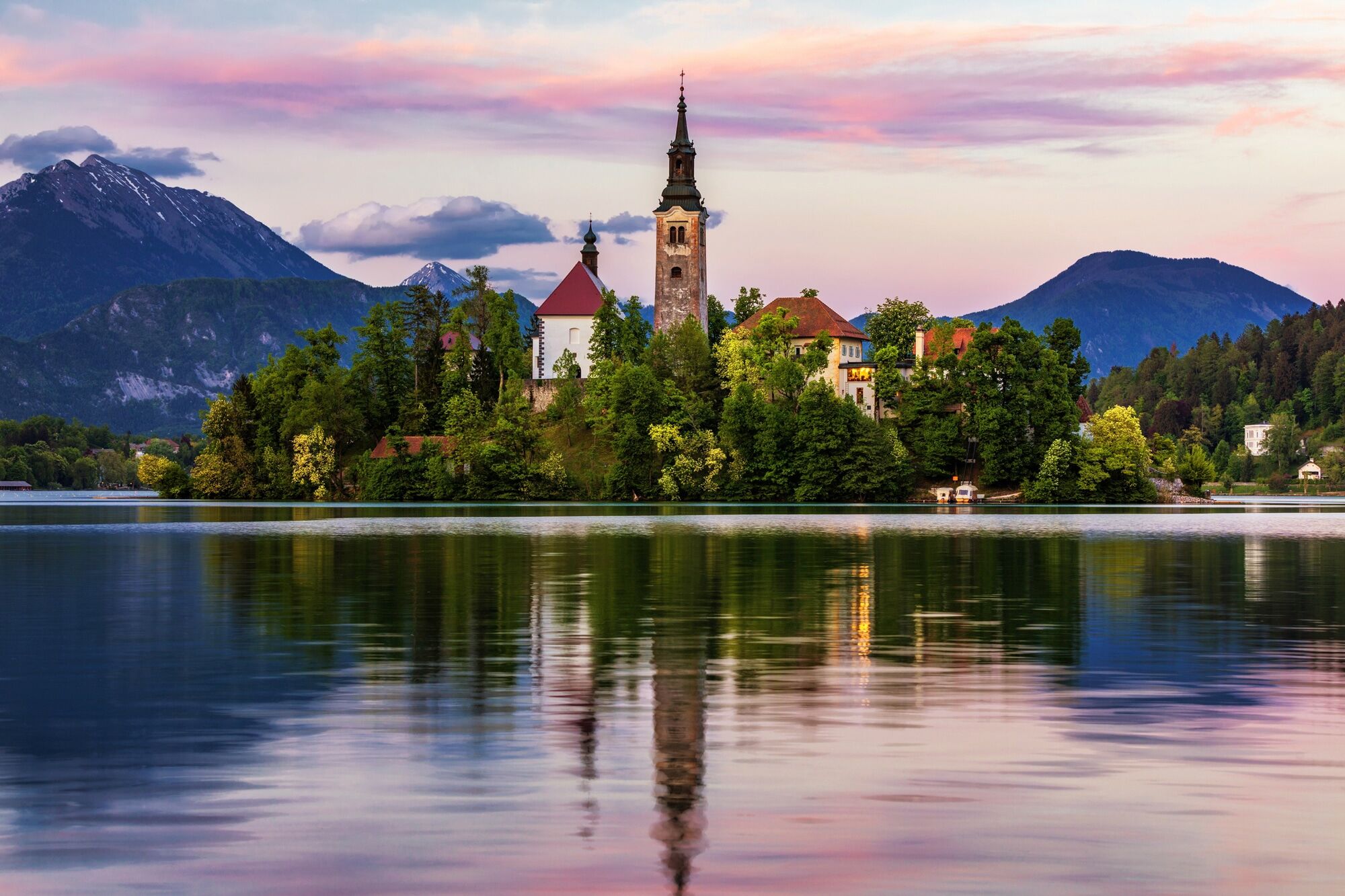 Fototapete PAPERMOON "BASILIKA SANTA MARIA-SEE GEBIRGE SLOWENIEN INSEL BERGE", bunt, B:3m L:2,23m, Vlies, Tapeten, Fototapete