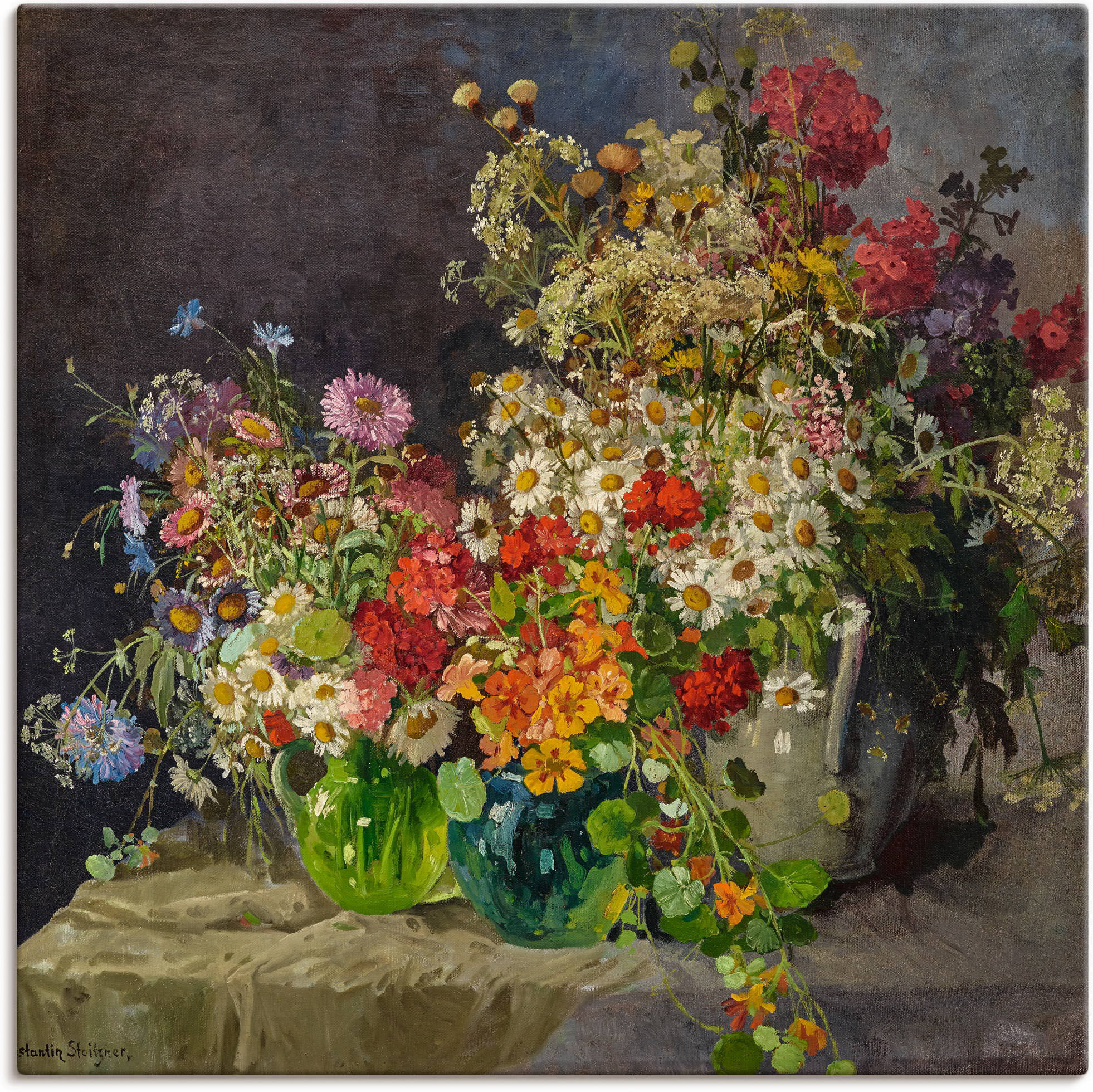 Leinwandbild ARTLAND "Stillleben mit Wiesenblumen in Krügen.", beige (farbe bild(er): naturfarben), B:50cm H:50cm, Bilder, Leinwandbild, auf Holzrahmen gespannt farbe bild(er): naturfarben B/H/T: 50cm x 50cm, Leinwandbild Arrangements quadratisch, 1 Stk.