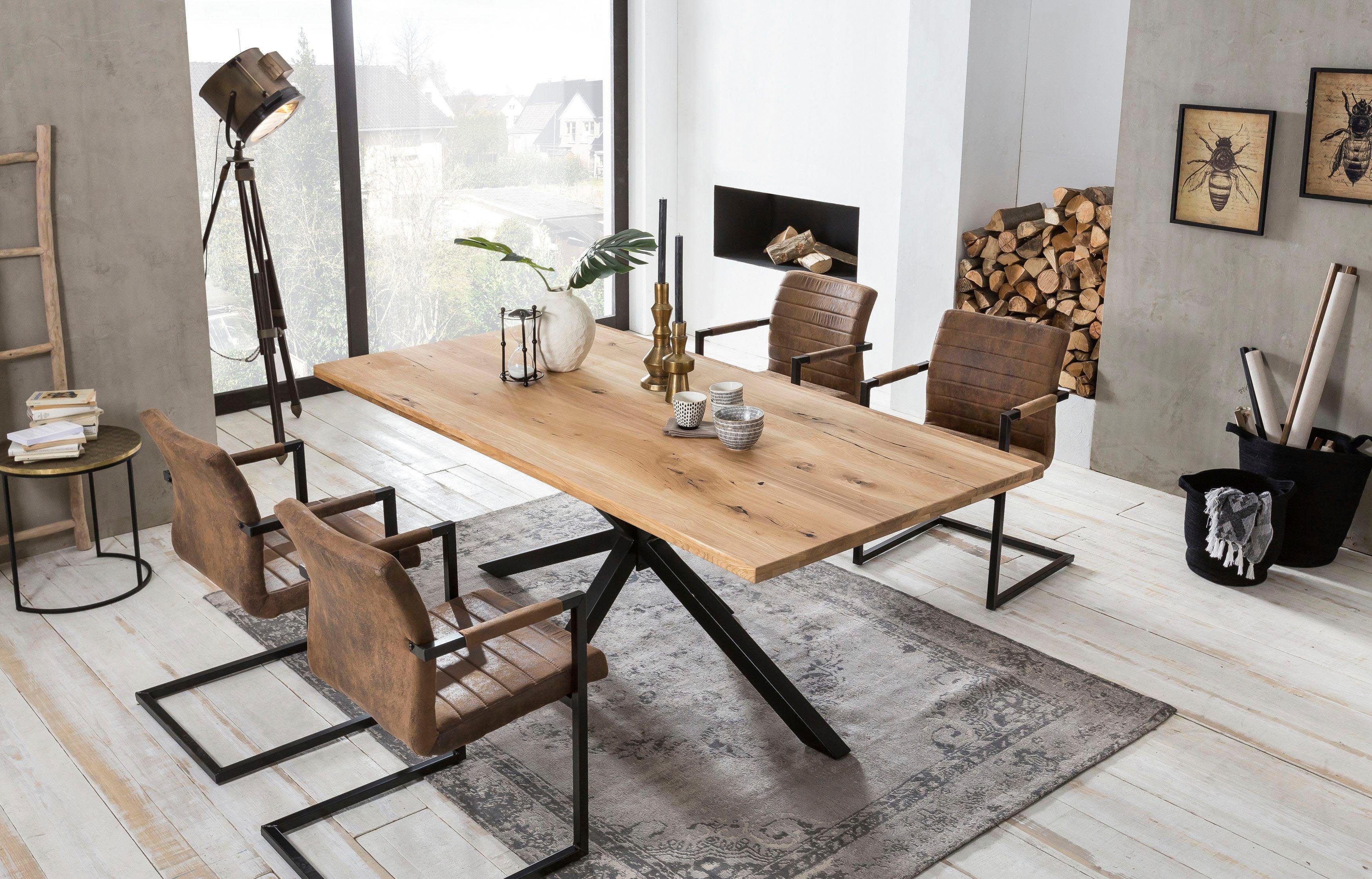 Esstisch SIT "Dakar Wildeiche natur mit Stern-Gestell aus Metall, Massivholz", schwarz (natur, schwarz, schwarz, natur), B:180cm H:76cm T:100cm, Tische, Esstisch, Markantes Stern-Gestell trifft auf massive Wildeiche natur, schwarz, schwarz, natur B/H/T: 1
