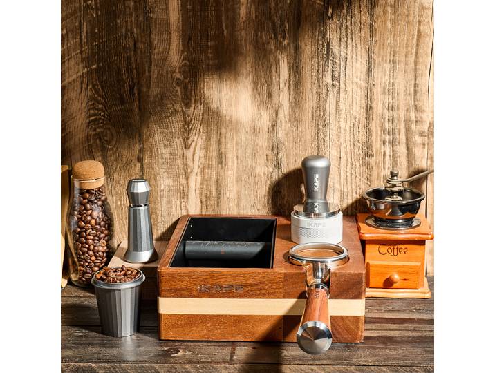 IKAPE Knock Box V1 pour Espresso, Boîte d'Organisation d'Accessoires pour Espresso, Base de Station en Noyer Naturel, Rangement pour Accessoires 51/54mm