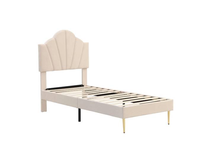 Modfu Polsterbett aus Samt 90x200 cm in Beige mit Stauraumbank, 90x200 cm, Schlafzimmer, Betten, Polsterbetten