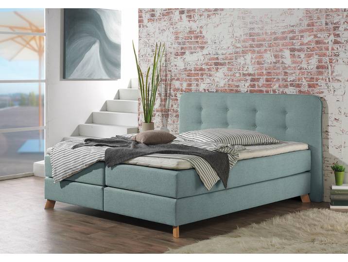 Boxspringbett, Strukturstoff, Petrol, 202×210 cm, Knopfheftung, Klassisch, Home Affaire