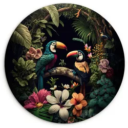 WANDBILD Vogel - Blumen - Pflanzen - Dschungel - Schwarz - Tukan Deko Groß 150x150 cm