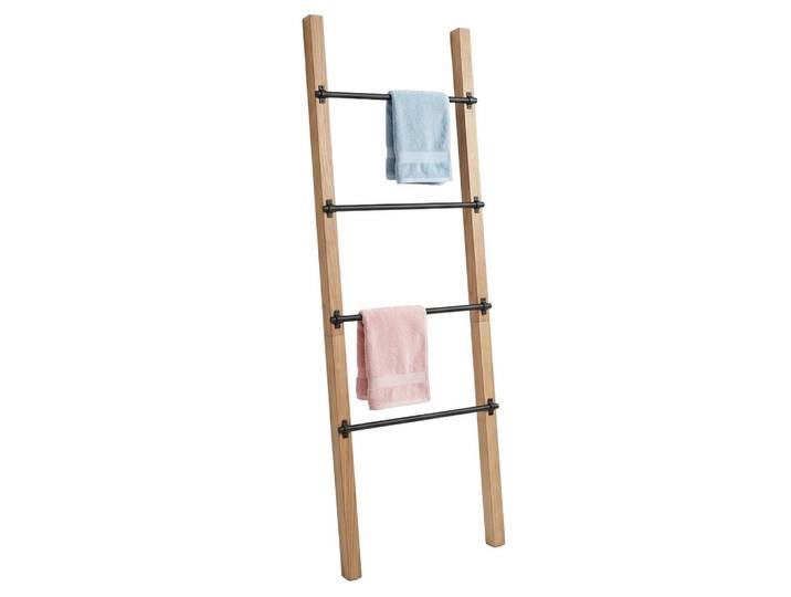 Relaxdays Handtuchleiter Natur Schwarz 4 Sprossen 160 cm, Hellbraun, Holz, Metall, 55.5x160x5 cm, Badezimmer, Badezimmerausstattung, Handtuchhalter