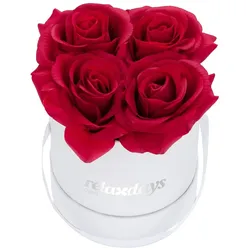 Relaxdays Rosenbox rund, 4 Rosen, stabile Flowerbox weiß, lange Haltbarkeit, Geschenkidee, dekorative Blumenbox, rot