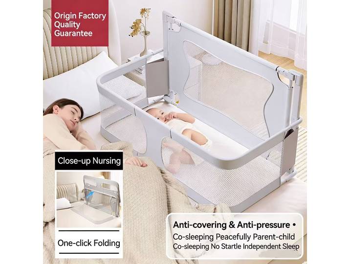 Baby Bed, 120x50cm, Cododo, with Screen, Breathable and Visible Mesh Window, for Babies 1 to 36 Months, Gray/Green/Pink