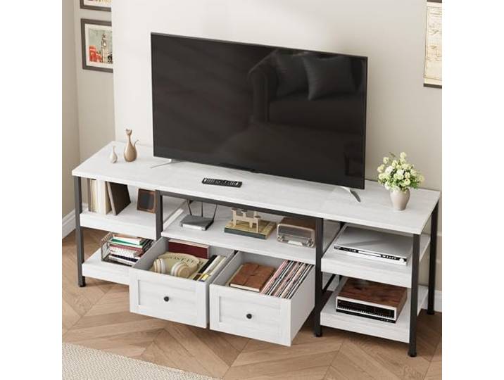 GarveeMore Industrie TV‑Lowboard 200cm für TV bis 85Zoll 2 Stoffschubladen, 5 Ablagen, Metallrahmen, Antikweiß