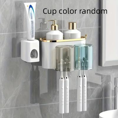 Discount Dollar Deals Multifunctional Toothbrush Rack And Mug Holder, Wall Mounted Toothpaste Storage With Toothpaste Squeezer two With Squeezer