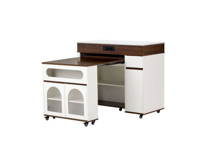 VLIVRA Desserte cuisine plateau extensible tiroir placard prises MDF blanc noyer