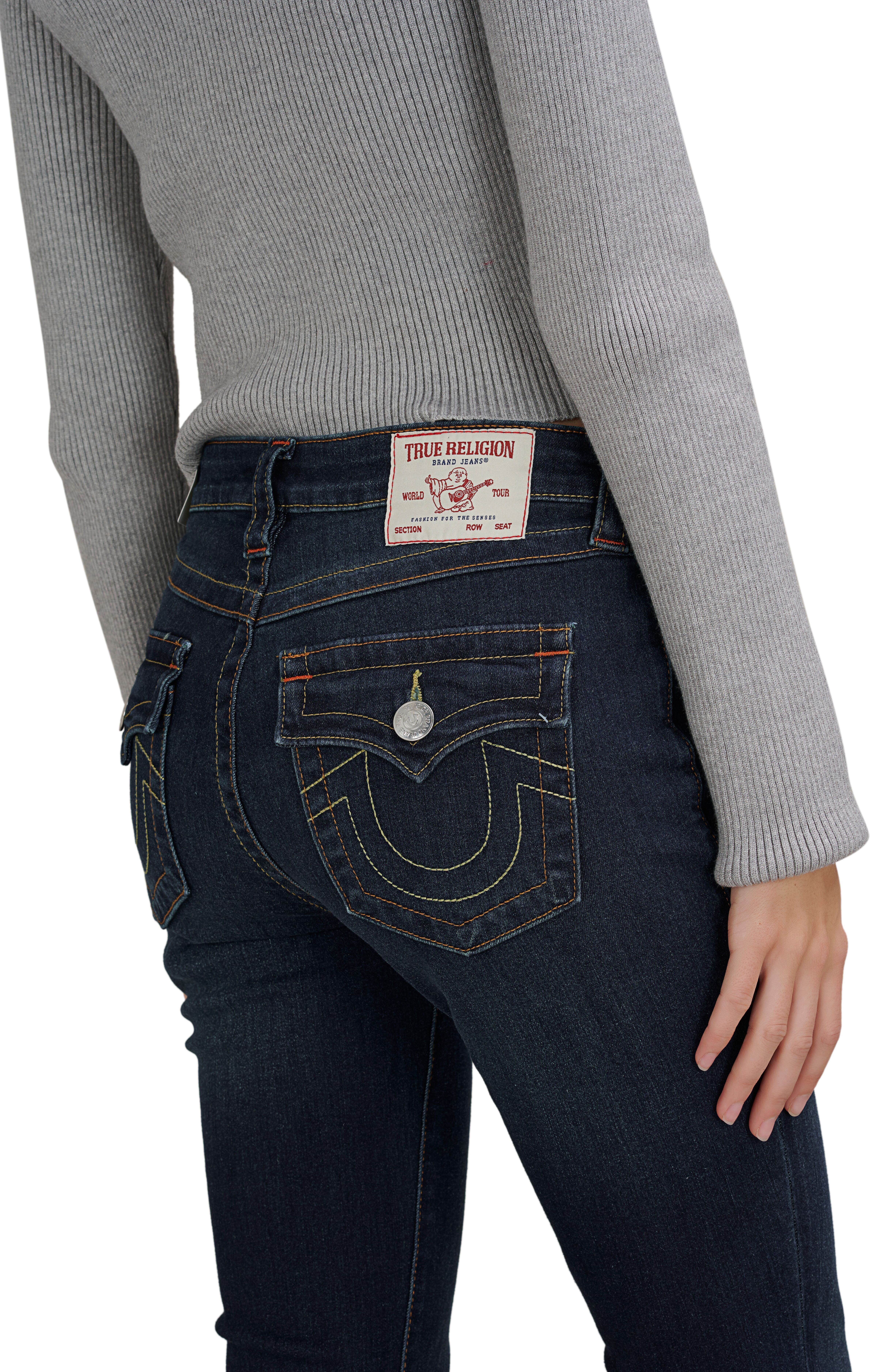 Bootcut-Jeans TRUE RELIGION "BECCA MR BOOTCUT FLAP", Damen, Gr. 25, N-Gr, schwarz muddy waters, Denim/Jeans, Obermaterial: 70% Baumwolle, 26% Polyester, 3% Viskose, 1% Elasthan, leichte Abriebeffekte, bootcut fit lang, Jeans Bootcut-Jeans, Baumwollmischun