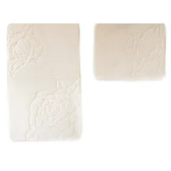 Almina Premium 2 teiliges Bademattenset mit Rosenmotiv Creme