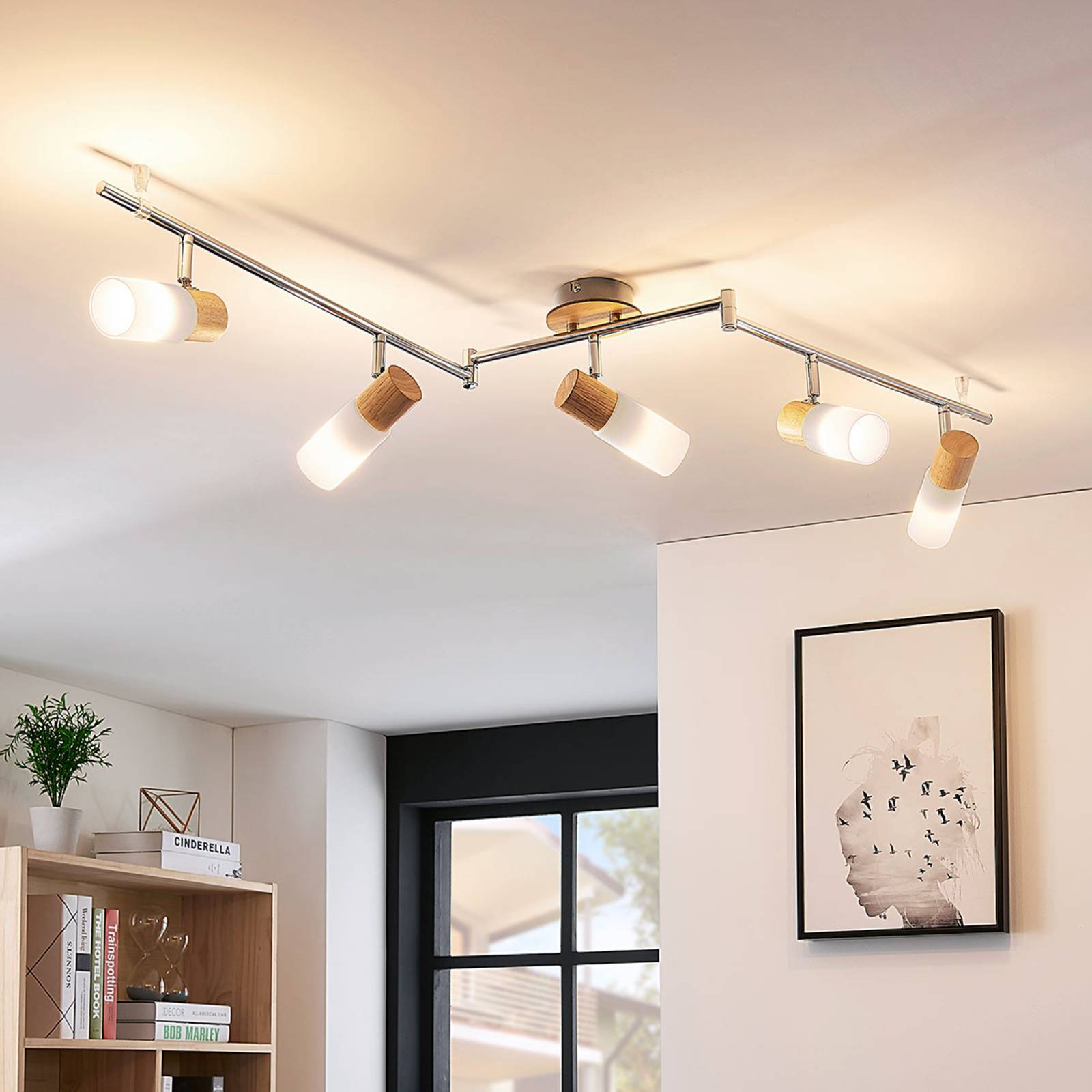 Lindby Christoph ceiling spotlight, 130 cm, 5-bulb, wood and glass Lindby, dimmable, Chrome / silver, Bedroom, Wood, Country House / Rustic, Ceiling Light