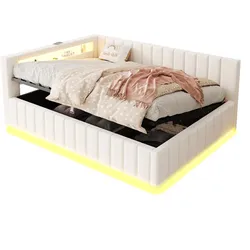 OKWISH Luxuriöses Polsterbett mit Stauraum, LED-Beleuchtung, USB-Anschluss, Samtstoff  Lattenrost, modern, komfortabel, robust, platzsparend, 140x200, Beige