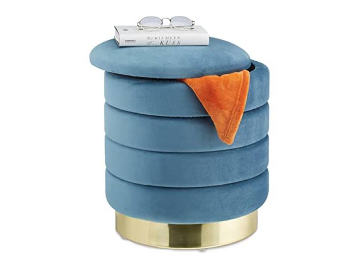 Relaxdays Pouf Coiffeuse Rangement\, Rond\, Tabouret Velours\, siège rembourré élégant\, HxD: 43\,5x39 cm\, Bleu pétrole/doré