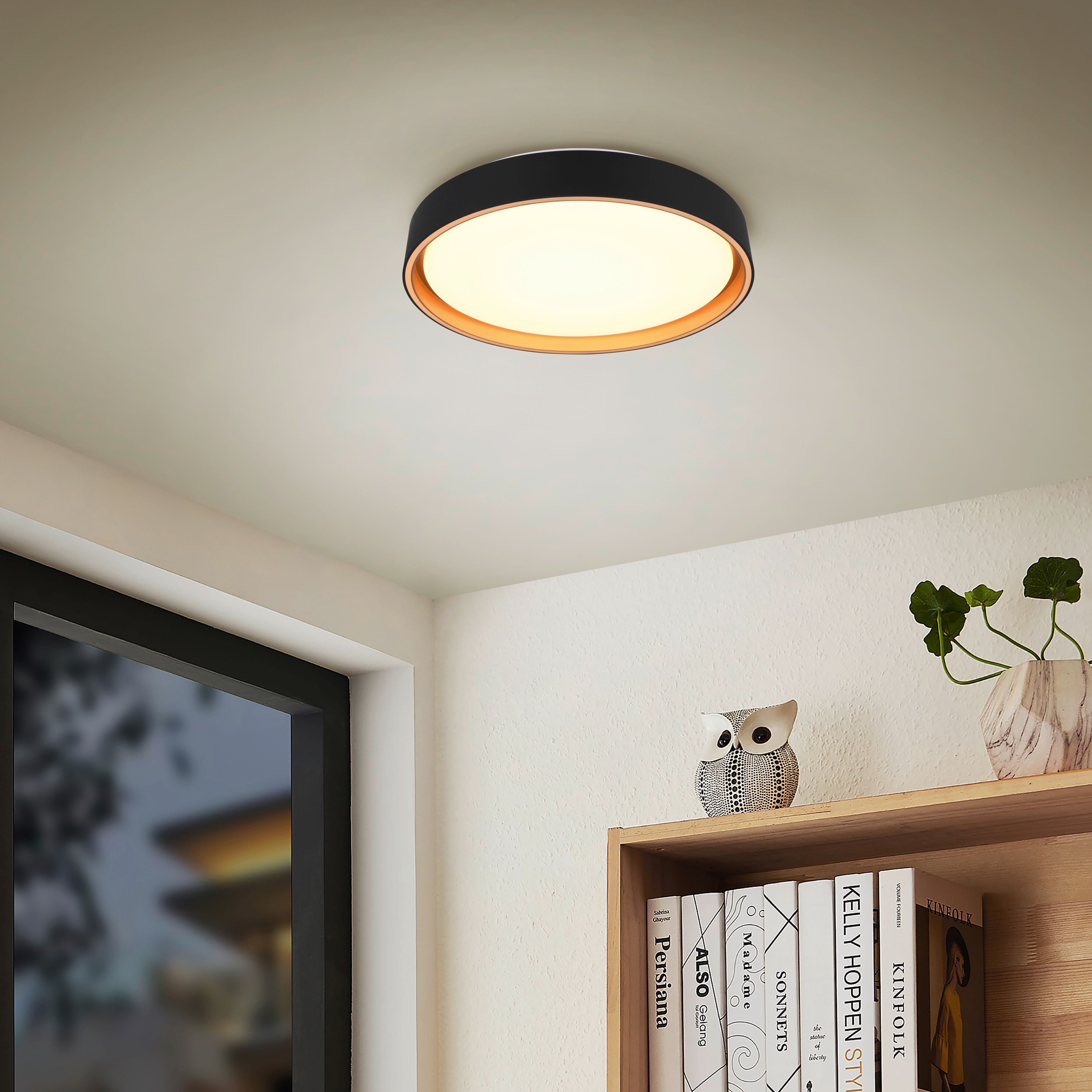 REALITY LEUCHTEN LED Deckenleuchte "FELIS, LED Deckenlampe schwarz-gold, 24W 2500 Lumen Fernbedienung", schwarz (gold, schwarz), 1, Ø 40cm H: 7,5cm, 1 Stk., Leuchten, CCT 2700-6500K warmweiß - kaltweiß, dimmbar Ø 40cm Höhe 7,5 cm, LED Deckenleuchte