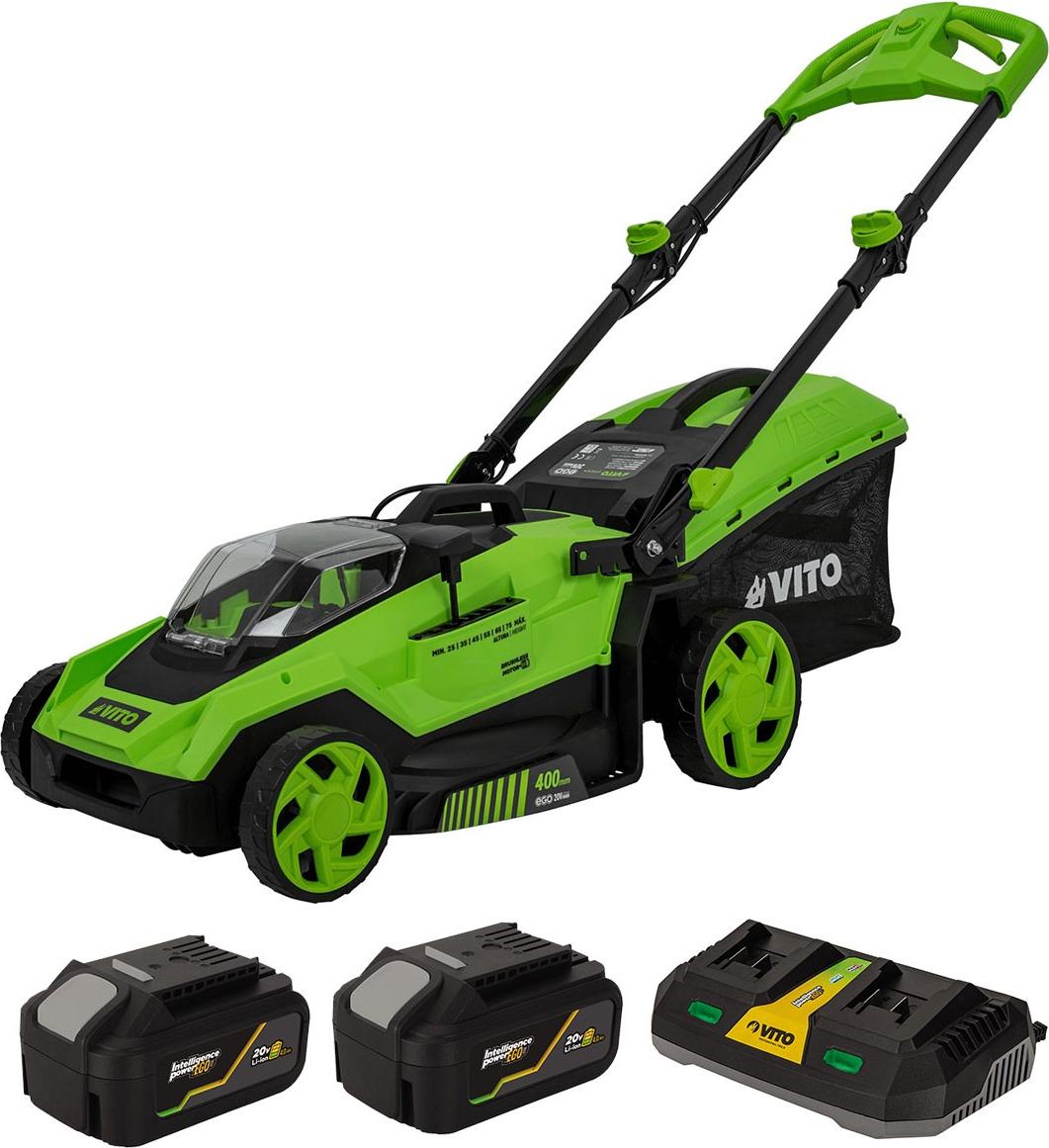 Rasenmäher, 40V - 2 Lithium-Akkus, 4,0 Ah, Ladegerät, Doppelmotor, bürstenlos, für bis zu 600 m² Rasenfläche, Marke: VITO