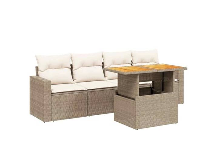 PUGYNBK Garten-Sofa-Set, 5-teilig, Polyrattan, Beige, mit Kissen Verstellbare Tischplatte für Esstisch, abnehmbarer Bezug, waschbar, modulares Design