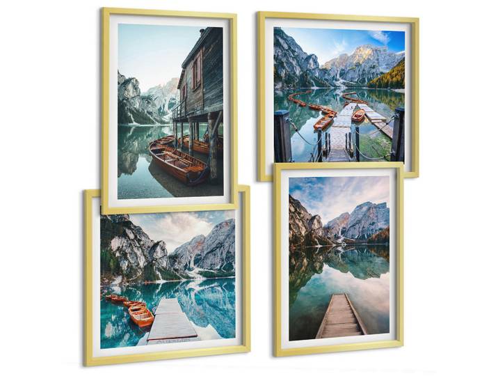 Tulup Bilder SET 4er Set - 50x50 cm & 40x60 cm Goldrahmen - See Berge Holzboote, Goldfarben, Kunststoff, Rechteckig, 50x50 cm, Fotografie, Bilder & Rahmen, Bilder