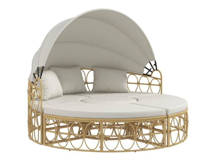 Okwish Gartenlounge 178/85/66,5 cm cremeweiß aus Rattan mit Sonnendach, Weiß, Naturmaterialen, Gartenmöbel, Gartengarnituren, Gartenmöbel-Sets