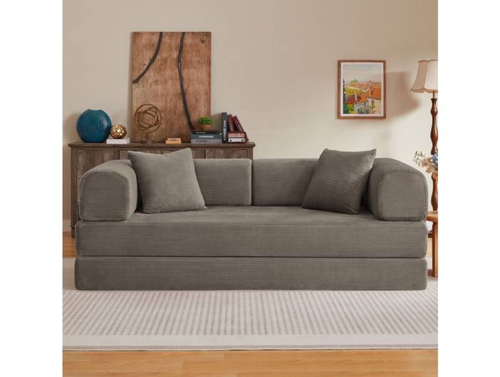 ULEVR Canapé convertible 3 places taupe en corduroy canapé-lit pliable matelas 17 cm 2 coussins acier chromé