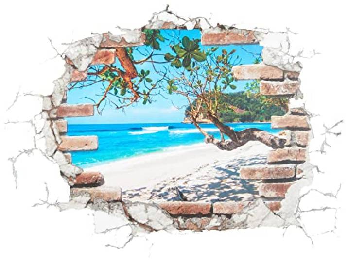 Komar Deco-sticker BREAK OUT- 50 x 70 cm muurtattoo, wandafbeelding, muursticker, muursticker, muurtattoo, uitzicht, stenen muur, strand, zee, baksteen 17054h