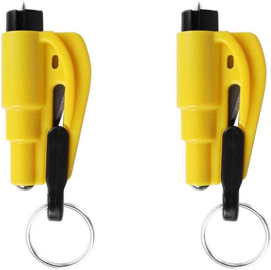 INF 2er-Pack Autosicherheits-Hammer mit Notfallpfeife - ABS Mini-Fluchthammer als Schlüsselanhänger Gelb