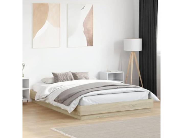 RJPLMFV Bettgestell, Eichenholz, Sonoma, 150 x 200 cm Ohne Matratze, Lattenrost inklusive, robuste Dachplatte, stabil und langlebig
