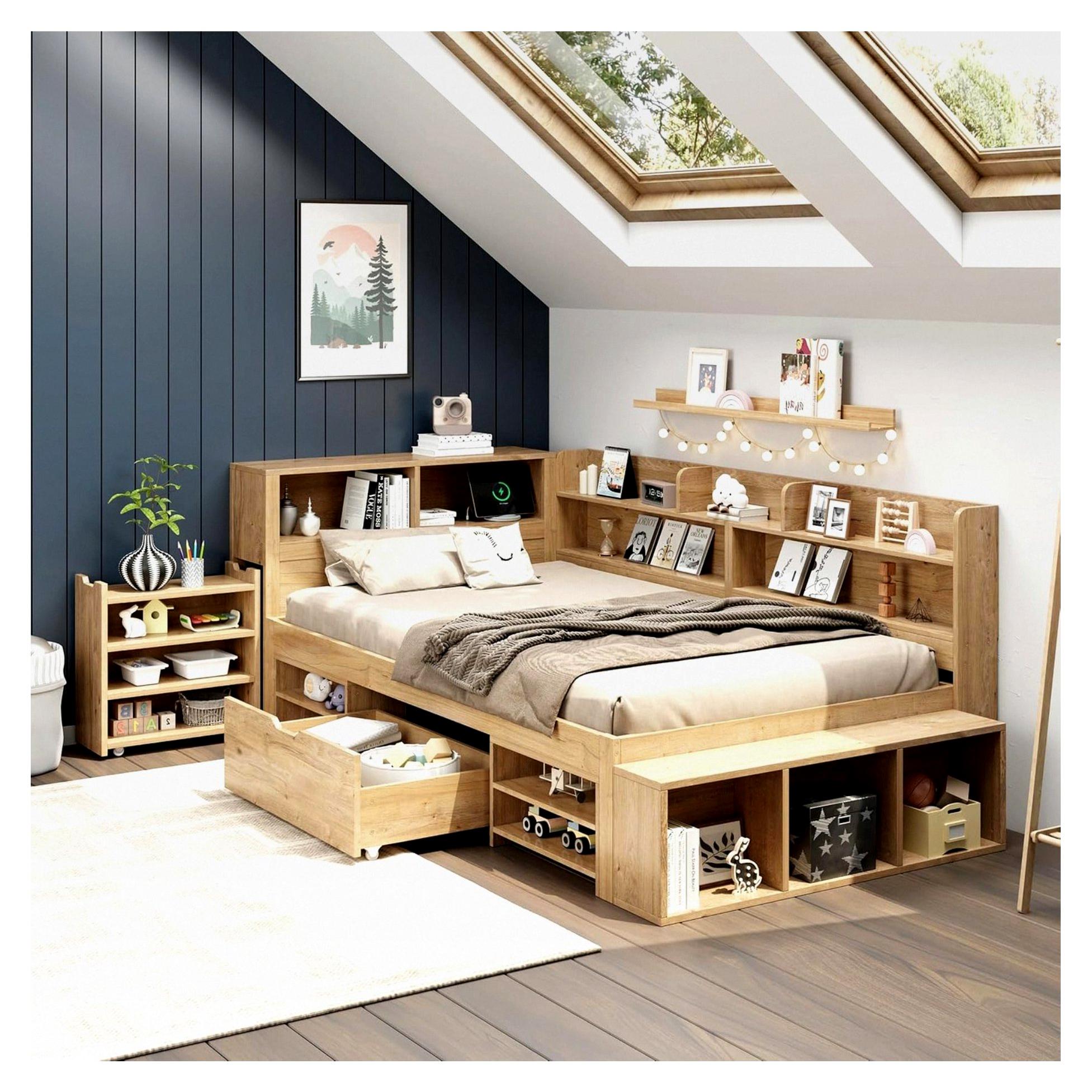 Kinderbett 90x200 cm mit Stauraum, Einzelbett Funktionsbett Jugendbett mit Schubladen, Stauschrank, Bücherregal, Nachttisch, kabelloser Ladefunktion, Holzfarbe