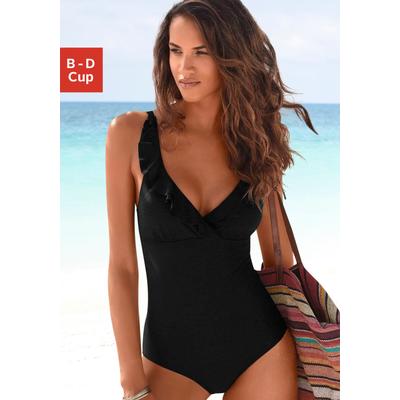 Badeanzug JETTE, Damen, Gr. 40, Cup C, schwarz, Polyamid, unifarben, Badeanzüge Badeanzug, mit eleganter Rüsche und Shaping-Effekt