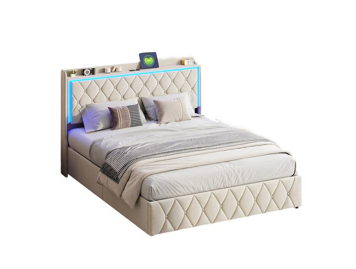 Shopentra Hydraulisches Bett 140x190 Beige LED Integrierter Ladeanschluss, Beige, 140x200 cm, Schlafzimmer, Betten, Polsterbetten