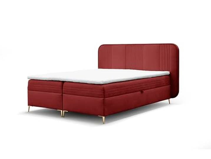 FURNISTAR Boxspringbett GINA Doppelbett mit Bonellmatratze Topper und Bettkasten Bett Glamour Polsterbett mit abgerundetem Kopfteil Modern Schlafzimmer Vintage Schlafzimmerbett (180x200 rot)