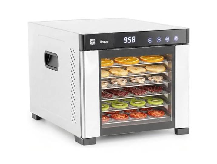 G21 Breezer Edelstahl Dörrgerät 6 Ebenen 0,6 m² 6 Edelstahl-Gitter, 0,6 m² Trockenfläche, 35–75 °C, 48h Timer, 650W, BPA-frei