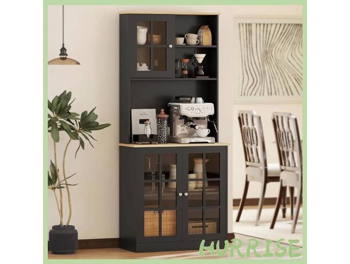Cocosity Buffet Cuisine Meuble Cuisine Rangement Haut Meuble De Rangement Avec Plan De Travail 3 Portes Vitrées 2 Niches Et Ét