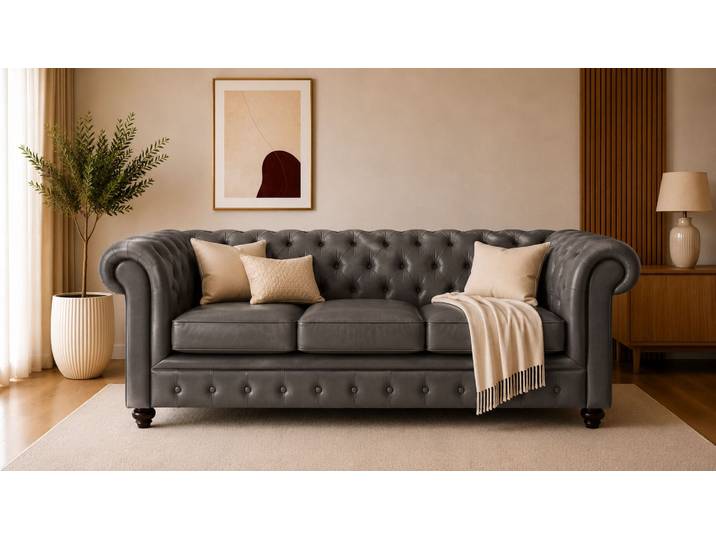 Chesterfield-Sofa, Braun, 198x89x74 cm, Naturleder, Mit Knopfheftung, Klassisch, Home-affaire